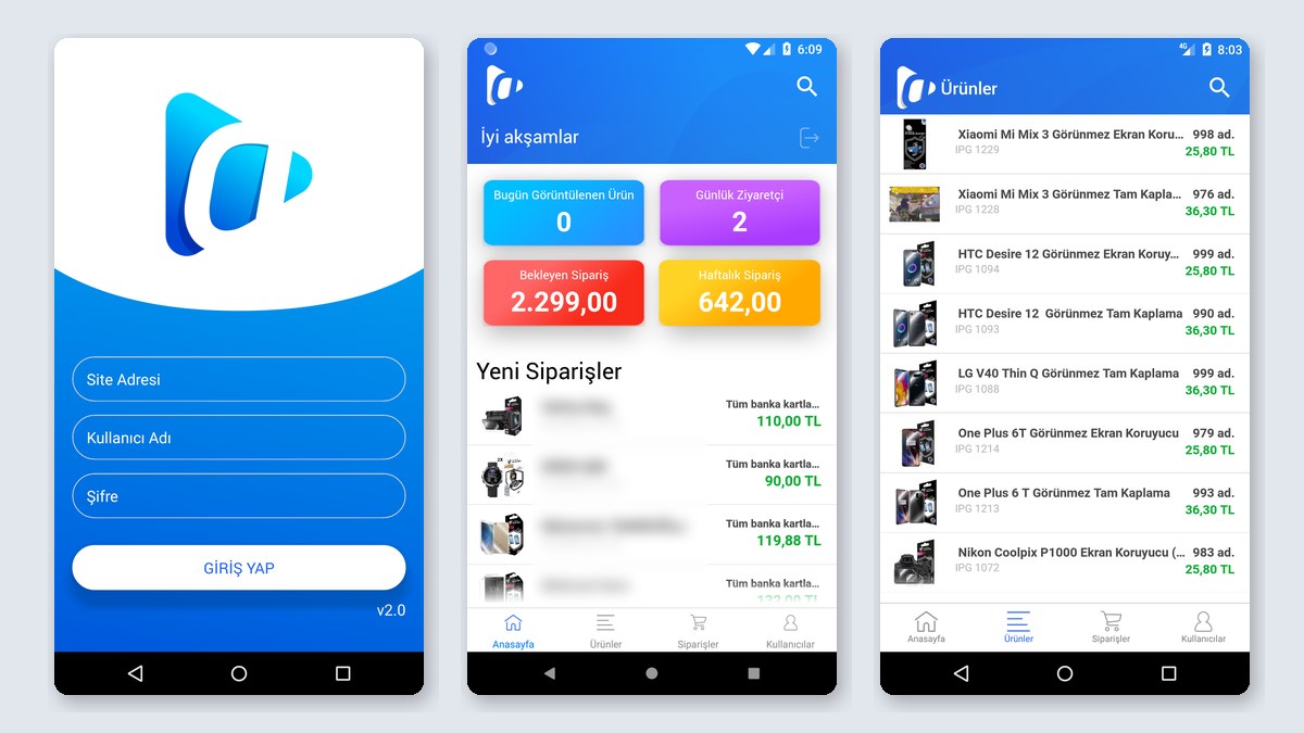 Akıllı Ticaret Yönetim uygulamasının üç ekranı: site adresi ve şifre giriş ekranı, sipariş ve ziyaretçi özet paneli, ürün listesi