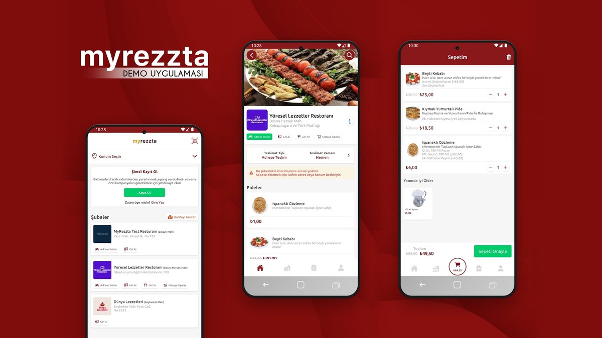 AKINSOFT MyRezzta demo uygulamasının şube listesi, restoran menüsü ve sepet ekranları