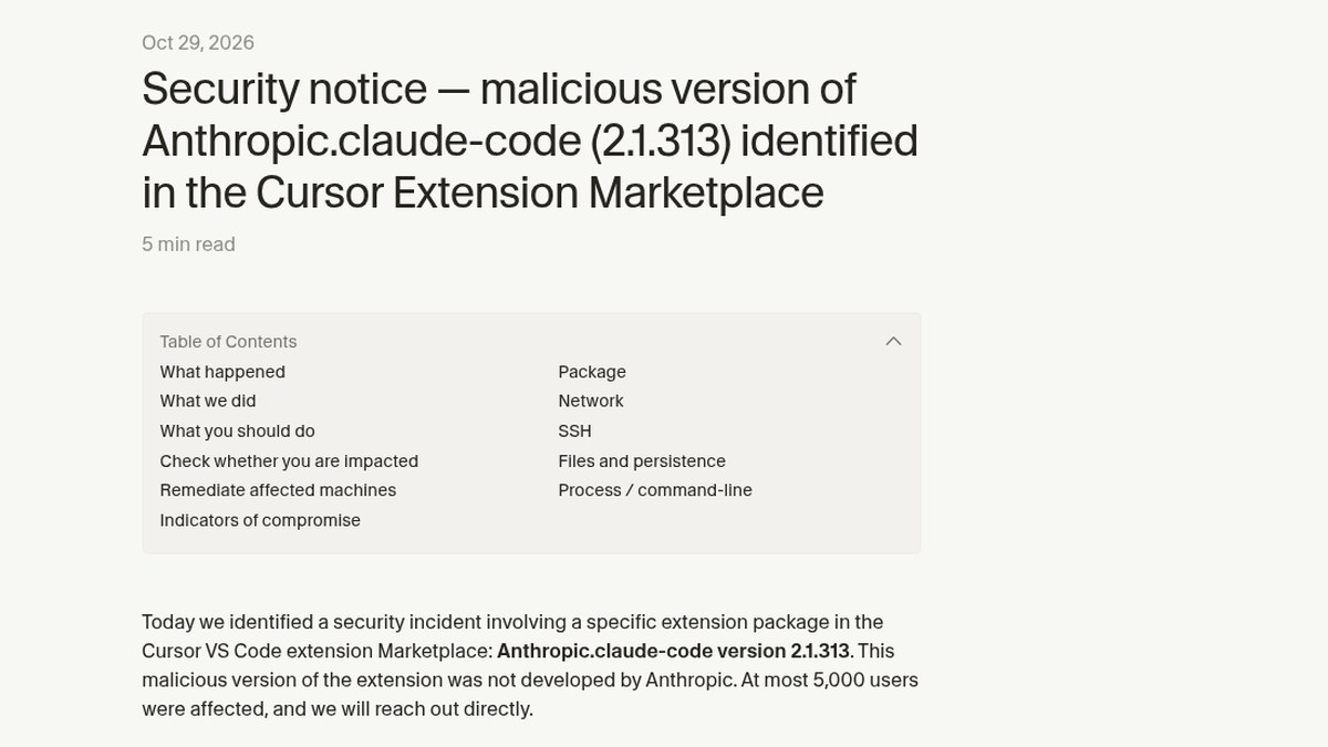 Cursor'un Claude Code eklentisinin kötü amaçlı 2.1.313 sürümüne ilişkin 29 Ekim 2026 tarihli güvenlik bildiriminin ekran görüntüsü; en fazla 5.000 kullanıcının etkilendiği paragraf görülüyor, temsili