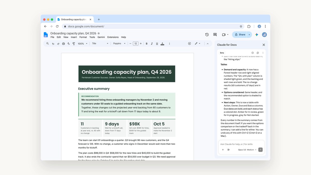 Google Docs'ta açık bir belgenin sağında Claude for Docs kenar çubuğunun göründüğü Anthropic tanıtım ekranı