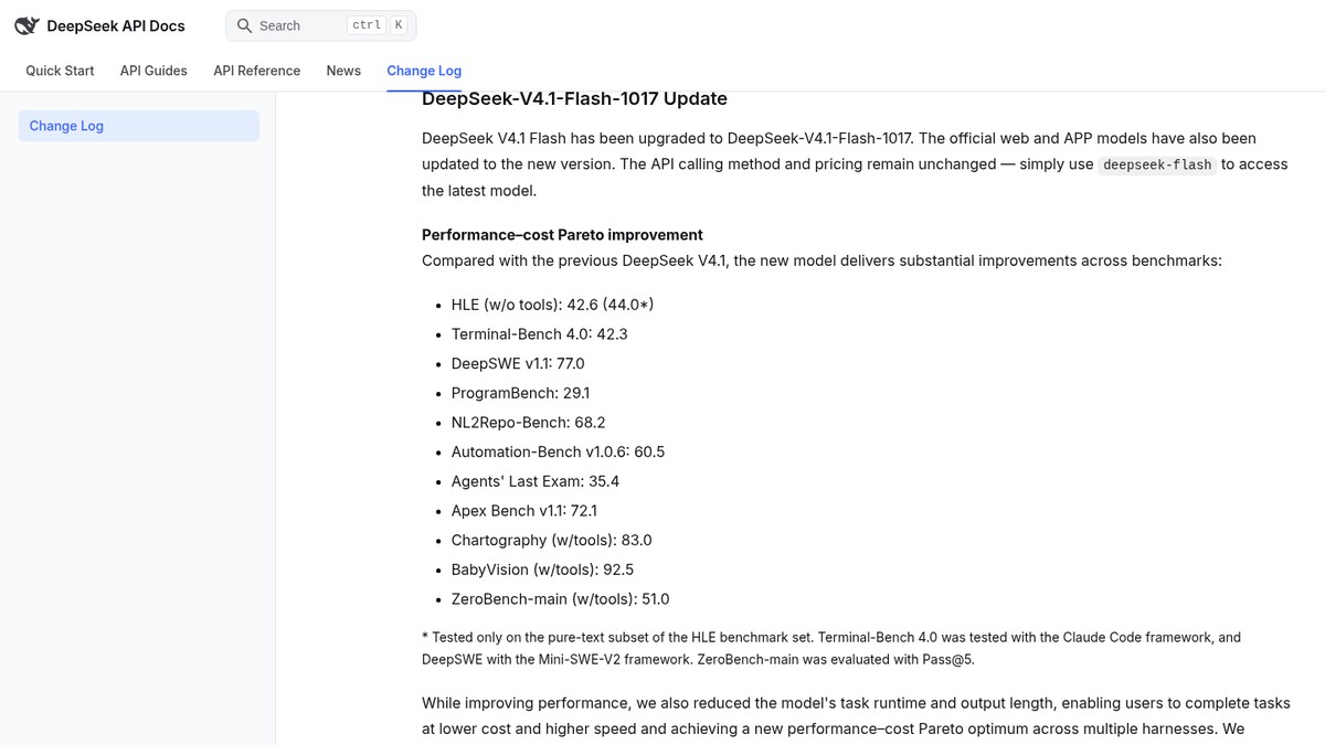 DeepSeek API Docs değişiklik günlüğünde DeepSeek-V4.1-Flash-1017 güncellemesi ve test sonuçları (ekran görüntüsü, temsili kapak)