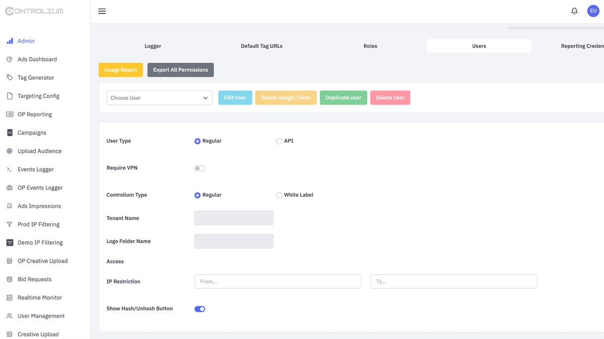 Discover-Tech'in Controlium platformunun yönetici ekranı; sol menüde Targeting Config, Campaigns, Bid Requests modülleri (Citizen Lab raporundan, temsili)