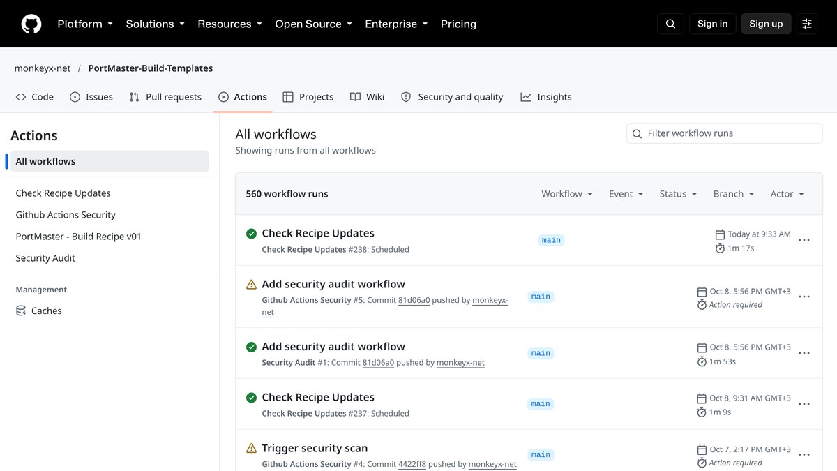GitHub Actions sayfasında 'Add security audit workflow' commit'iyle tetiklenen Security Audit ve Github Actions Security iş akışı çalıştırmaları
