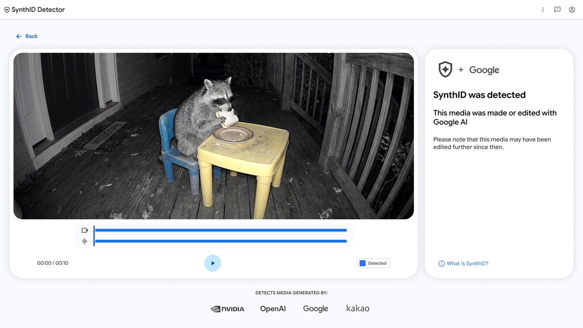 SynthID Detector arayüzünde bir videoda SynthID filigranı bulunduğunu gösteren sonuç paneli; altta NVIDIA, OpenAI, Google ve Kakao logoları