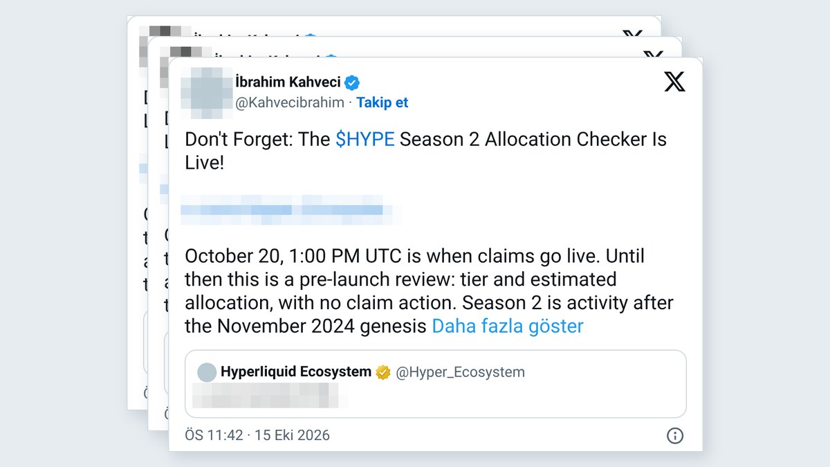 İbrahim Kahveci'nin X hesabından atılan, aynı İngilizce "$HYPE Season 2 Allocation Checker Is Live!" metnini taşıyan sahte kripto gönderilerinin ekran görüntüsü; profil fotoğrafı ve bağlantı adresleri bulanıklaştırıldı