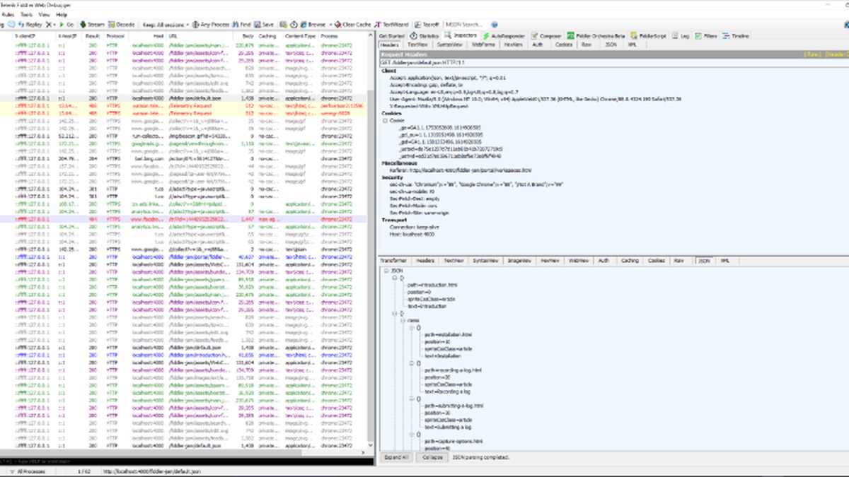 Fiddler Classic oturum listesi ve Inspector paneli: HTTP/HTTPS istekleri ve JSON yanıt ağacı