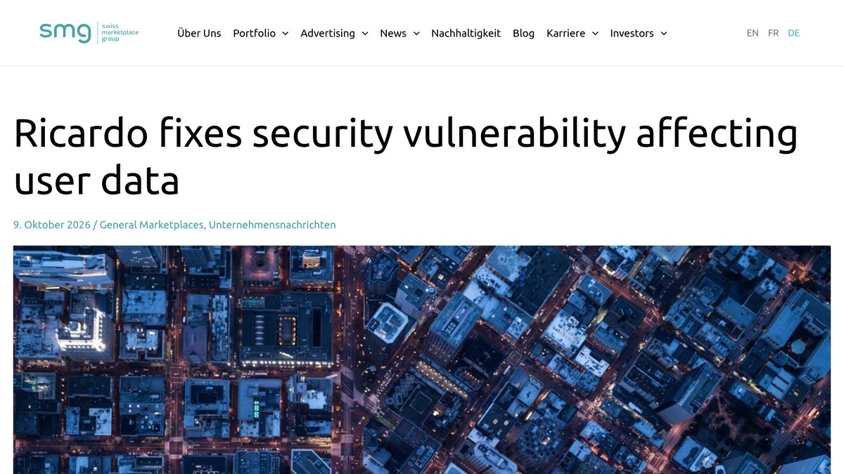 SMG Swiss Marketplace Group sitesinde 9 Ekim 2026 tarihli «Ricardo fixes security vulnerability affecting user data» başlıklı basın bülteni