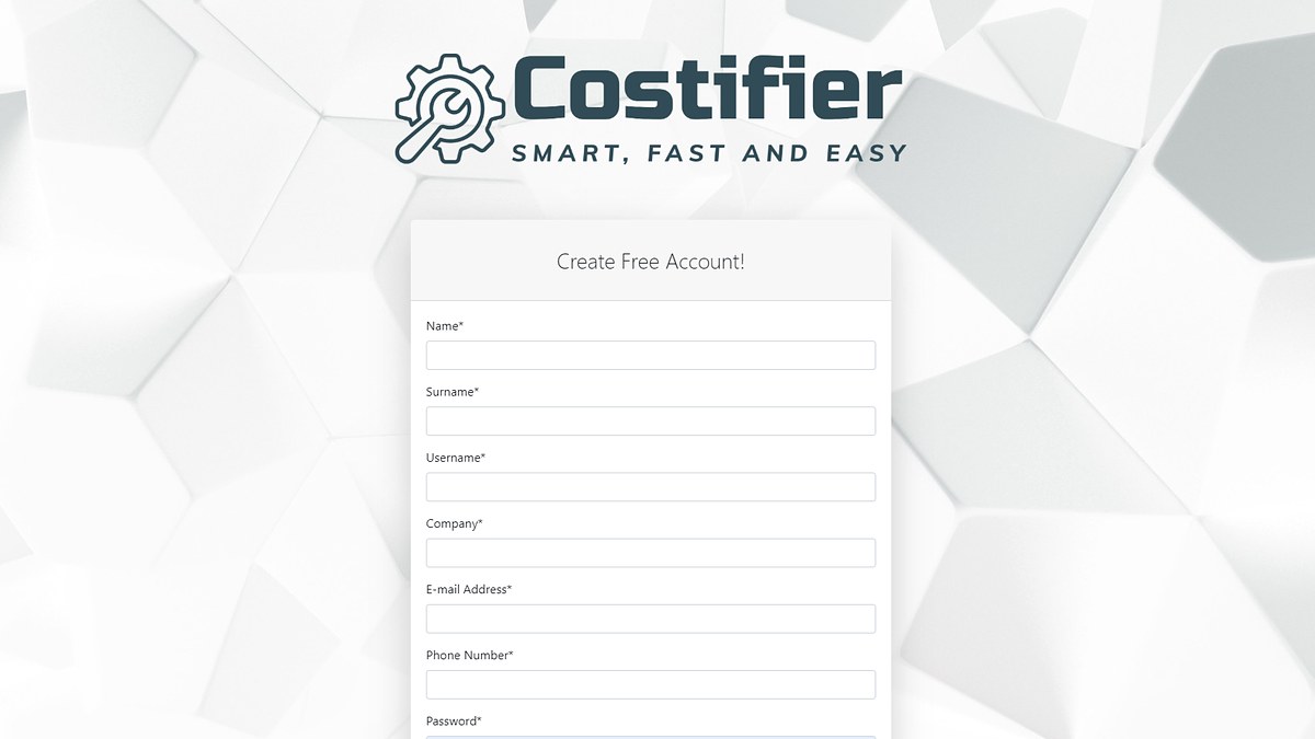 Costifier yazılımının logosu ve ücretsiz hesap oluşturma ekranı