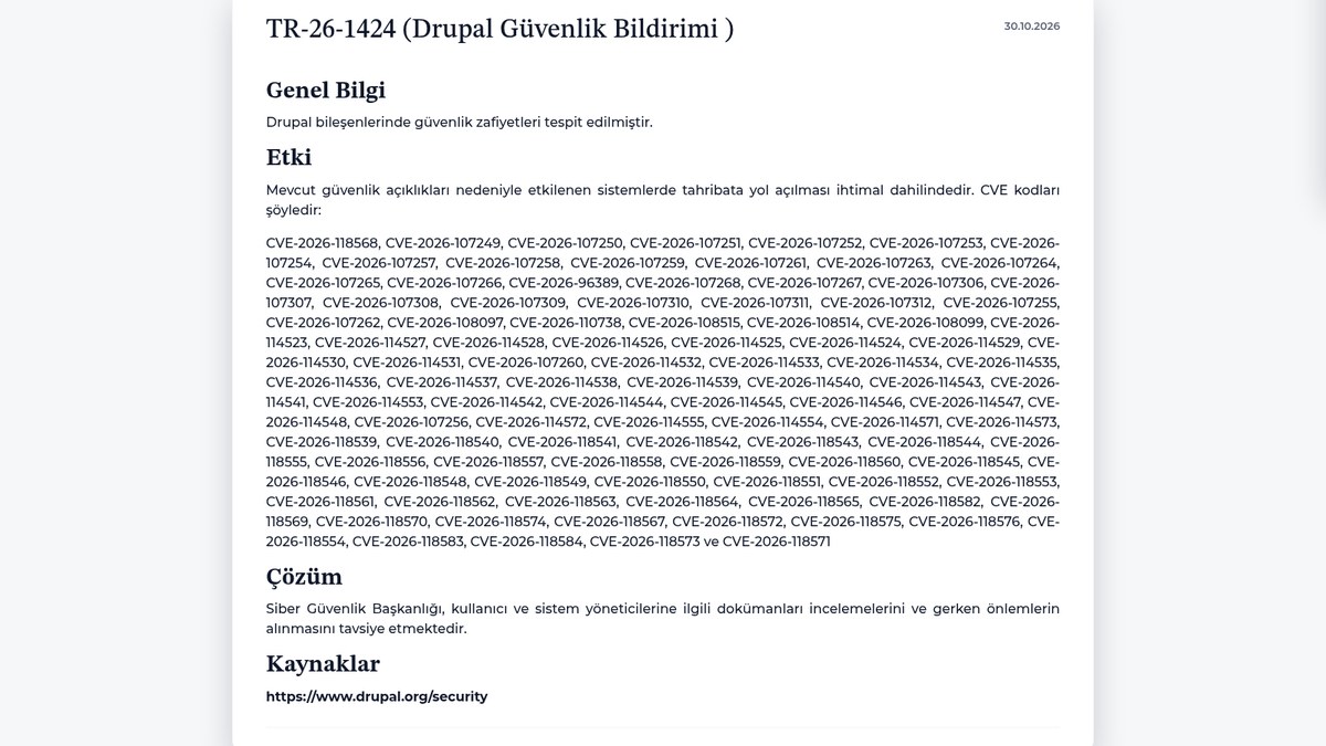Siber Güvenlik Başkanlığı'nın TR-26-1424 Drupal güvenlik bildiriminin ekran görüntüsü; Genel Bilgi, Etki, Çözüm ve Kaynaklar bölümleri ile CVE listesi görülüyor, temsili