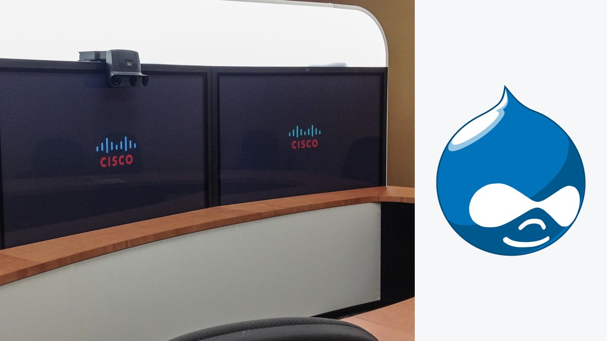 Cisco logolu görüntülü konferans ekranları ve Drupal logosu Druplicon (temsili)