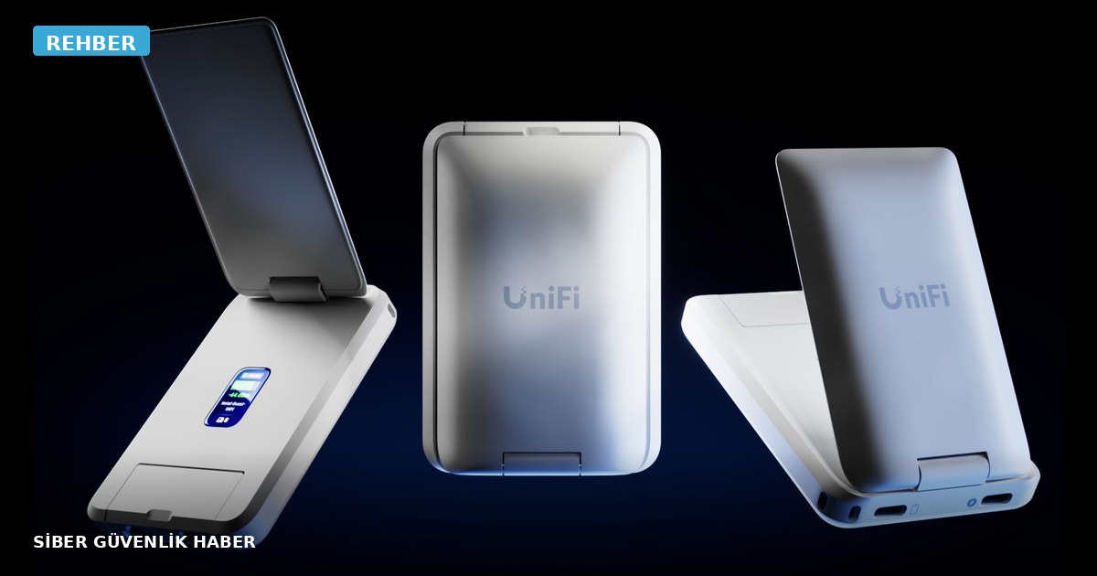 Ubiquiti UniFi Travel Router Long-Range (UTR-LR) ürün görseli — katlanır Super Antenna, 1,14 inç durum ekranı ve iki GbE port. Görsel kaynağı: Ubiquiti.